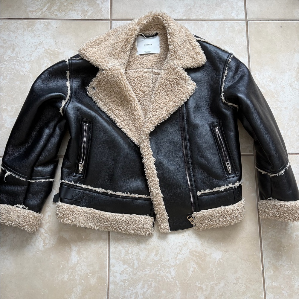 BERSHKA Faux Shearling Moto Jacket - Black with Cream Trim